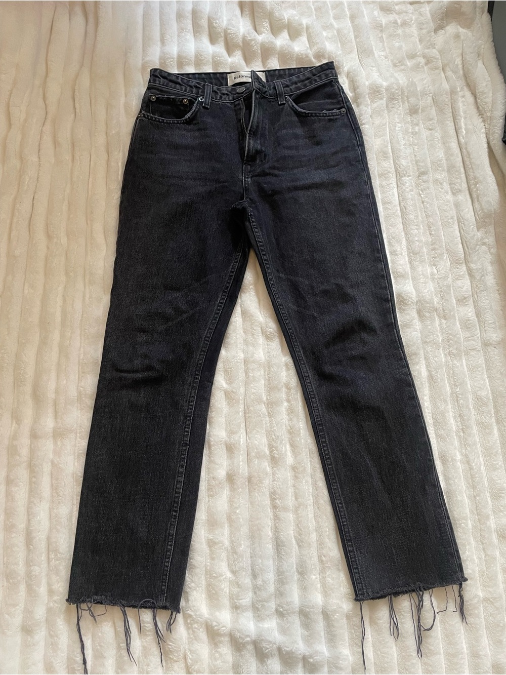 Reformation women’s Black Straight Jeans with Raw Hem